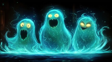 Glowing ghost trio with scary faces over water
