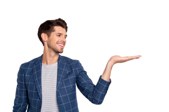 Portrait of his he nice attractive cheerful cheery content businessman agent broker wearing checked blazer holding invisible object on palm isolated over light white pastel background