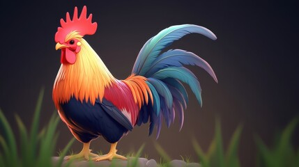 Fototapeta premium Colorful rooster standing proudly on a stone, surrounded by lush grass under a dark background