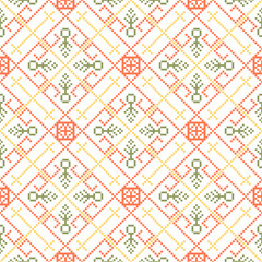 Geometric pixel art pattern. Abstract pixel art geometric pattern design for fabric, carpet, tile, clothing, embroidery, needlepoint and background. Vector pixel art seamless motif Native American.