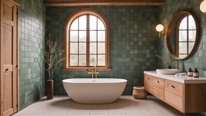 a modern rustic bathroom with a warm, inviting atmosphere. The layout features a freestanding oval bathtub in a matte white finish, positioned against a wall of greenish-gray square tiles 