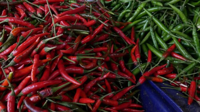 Fresh Organic red hot chilli peppers and green chilli peppers at local market.