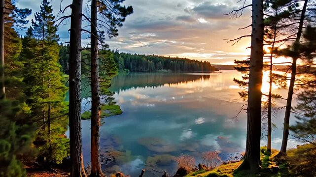 there is a view of a lake through the trees at sunset