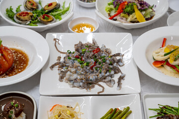 Korean food. Chopped live octopus