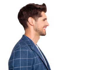 Close-up profile side view portrait of his he nice attractive well-groomed cheerful cheery businessman shark wearing modern checked blazer copy blank space isolated over light white pastel background