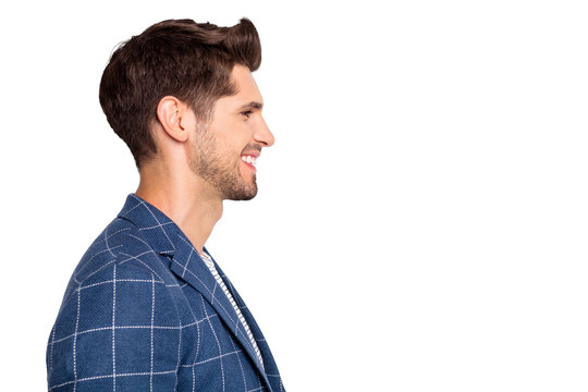 Close-up profile side view portrait of his he nice attractive well-groomed cheerful cheery businessman shark wearing modern checked blazer copy blank space isolated over light white pastel background