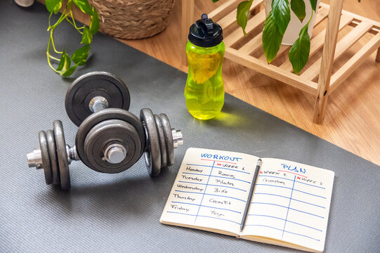 Lying on a yoga mat, dumbbells and an isotonic drink await fitness exercises at home, creating an inviting setup for a dedicated workout plan and healthy lifestyle
