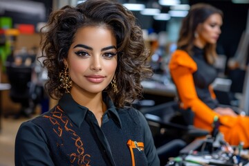 A fashion expert puts the finishing touches on a model's outfit backstage before a fashion show. Generative AI