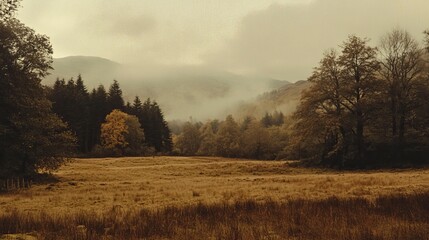 Fototapeta premium Photograph of a field in autumn, with trees in the background, on a misty morning. The image has a nostalgic, vintage vibe, with sepia tones and a wide shot, giving it a grainy film effect.