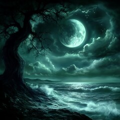 Moonlit Coastline Night Scene