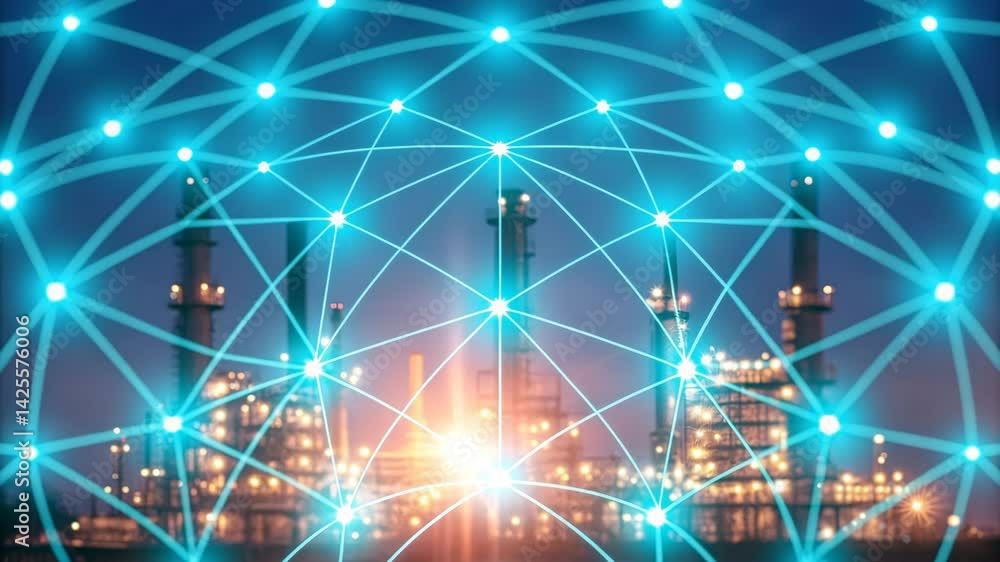 Poster digital transformation with industry 4.0, a network of interconnected nodes overlays a skyline of an