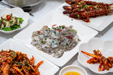 Korean food. Chopped live octopus