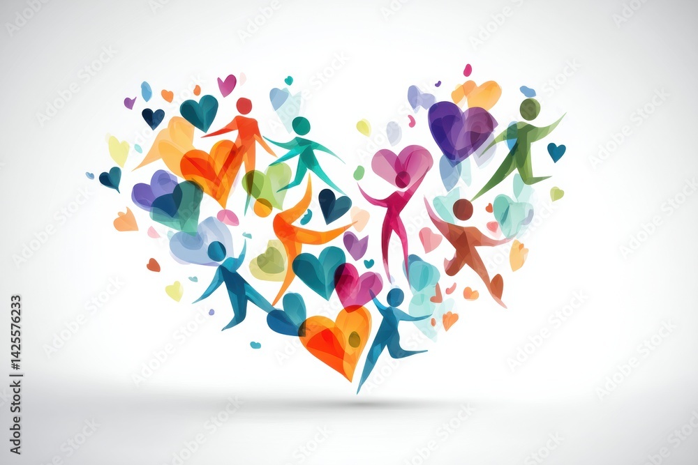 Aufkleber colorful heart shape created with abstract human figures and vibrant hearts representing unity and l