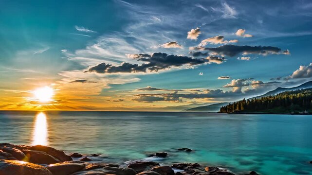 arafed view of a lake with rocks and a sunset