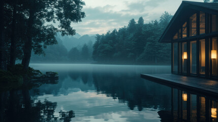 Fototapeta premium Serene lakeside retreat at dawn with misty mountains and tranquil reflections