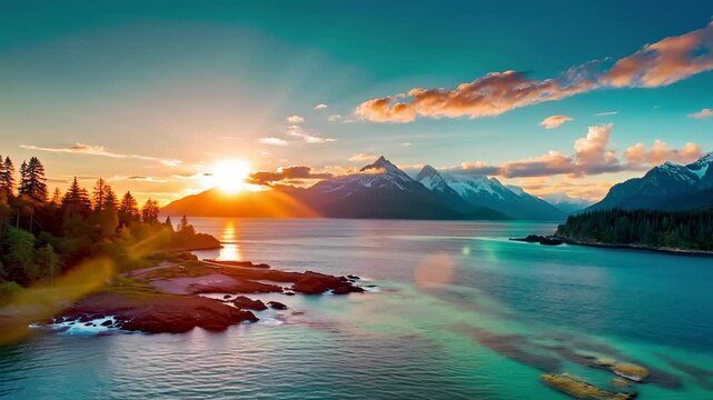 arafed view of a lake with a mountain range in the background
