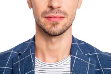 Close-up cropped view portrait of his he nice attractive bearded calm content well-groomed businessman wearing modern checked blazer isolated over light white pastel background