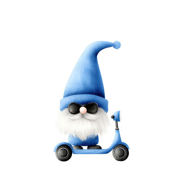 A whimsical gnome riding a blue scooter with sunglasses. isolated against a transparent background.