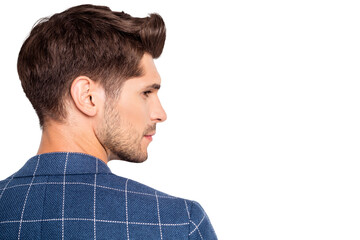 Fototapeta premium Close-up rear back behind profile side view portrait of his he nice attractive bearded calm content well-groomed freelancer wearing blue checked blazer isolated over light white pastel background