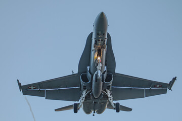 An F/A-18 of the Swiss Air Force approaches for landing and taxis on the runway at the airbase. The...