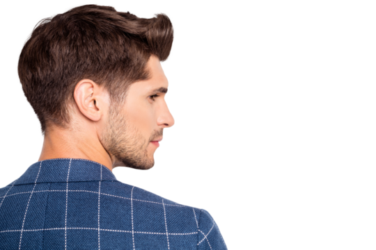 Close-up rear back behind profile side view portrait of his he nice attractive bearded calm content well-groomed freelancer wearing blue checked blazer isolated over light white pastel background