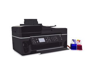 Photo inkjet printer. Color printer prints photo on white isolated background with four refillable cartridges. Vector illustration design
