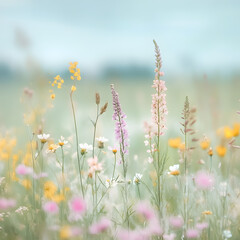 Obraz premium Floral Symphony: A captivating close-up of a vibrant field of wildflowers, showcasing delicate petals and verdant stems, painted with soft focus and subtle hues.