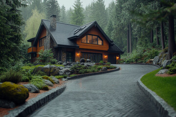 Stunning photo of a dream home in a dense forest.