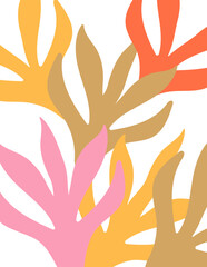 Obraz premium Vector artwork in a simple Matisse-inspired, naive, and groovy hippie style, featuring hand-drawn botanical elements and plants. Ideal for modern prints, posters, placards, and decorative frames.