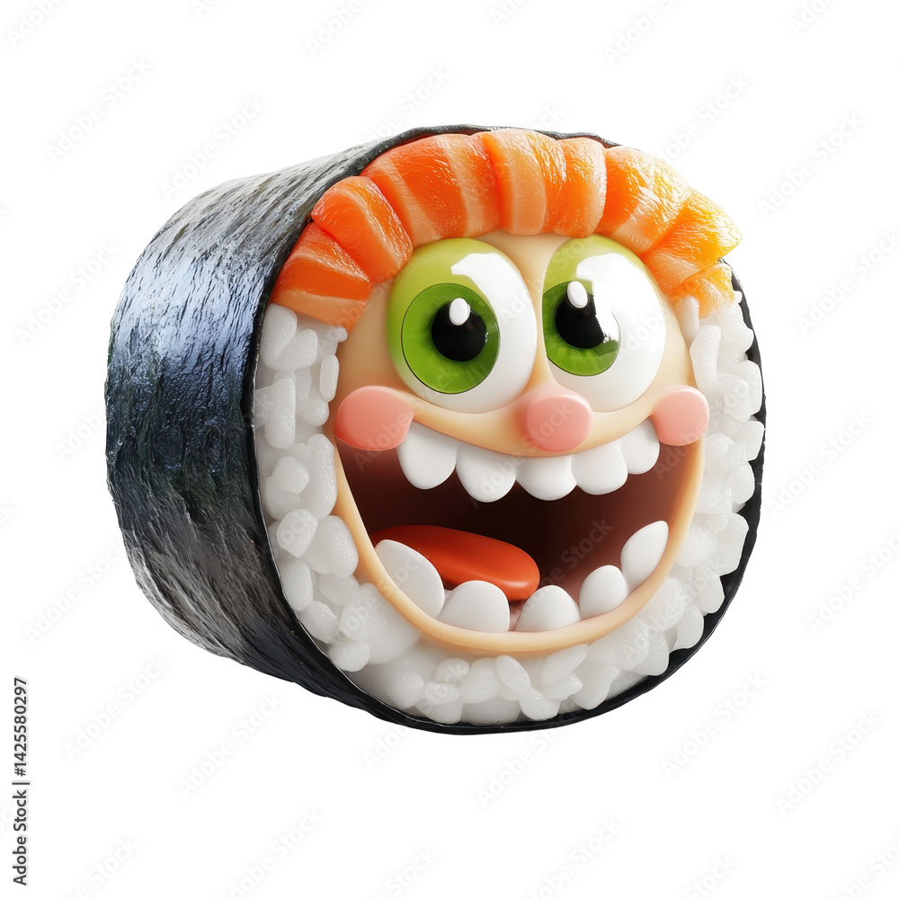 Poster colorful sushi character with a happy face and vibrant features displayed in a playful style