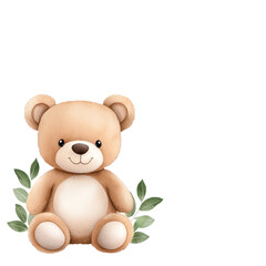 Obraz premium Adorable plush teddy bear surrounded by green leaves. isolated against a transparent background.