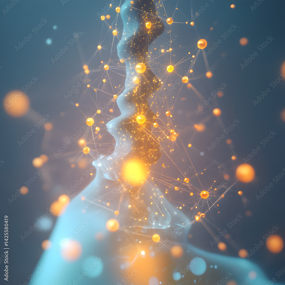 Poster neural network: abstract depiction of neural network and neuron pathways in 3d space. focus on the i