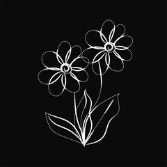 Elegant White Line Art Flowers on Black Background