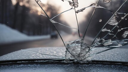 A cracked windshield reflects winter scenery, capturing a moment of damaged clarity.