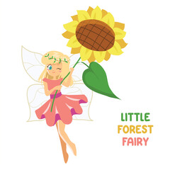 Cute little forest fairy character. Adorable Pixie vector for kids fashion artworks, children books, birthday invitations, greeting cards, posters. Fantasy mythology