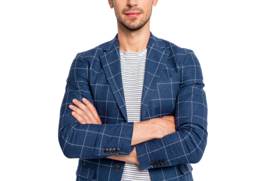 Cropped portrait of his he nice attractive calm businessman partner leader shark dandy metrosexual wearing blue checked blazer folded arms isolated over light white pastel background