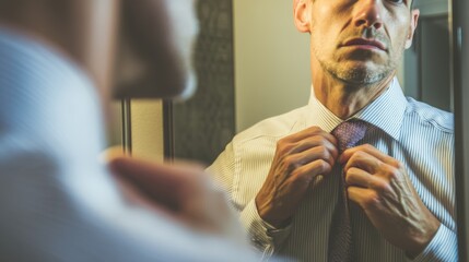 A man is getting ready to tie his tie in front of a mirror
