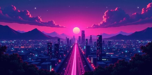 Twilight cityscape, neon glow, matte anime style, urban, view, design
