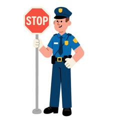 Cartoon police officer in blue uniform holding red STOP sign, traffic control and public safety illustration, authority and law enforcement character, png isolate on transparent white background.