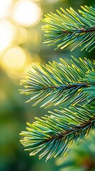 Closeup of Lush Green Pine Tree Branch in Sunlight
