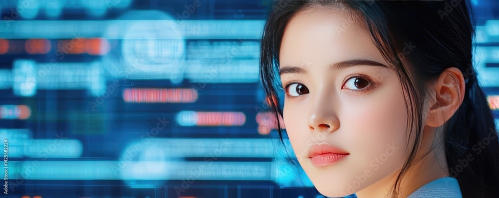 Poster woman looking at code on programming interface technology concept. focused young woman in front of d