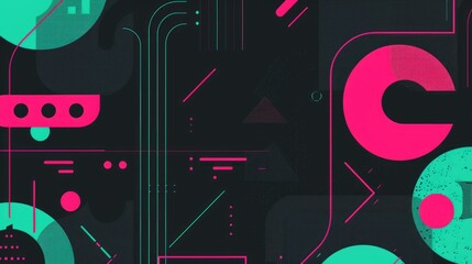Pink black green with geometric shapes on surface of digital cyber design express scene of cyberspace style. High tech object abstract scenery in pattern perfect for wallpaper and background. AIG51.