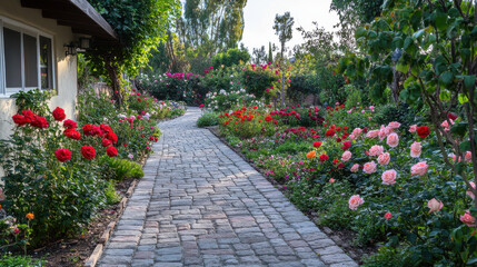 Obraz premium Beautiful rose garden pathway with vibrant flowers and lush greenery in the background