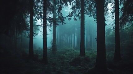 Fototapeta premium Misty Forest Path with Dark Trees. (1)