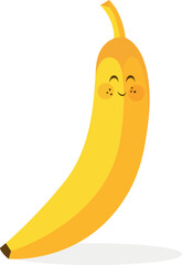 Cute vector illustration of a smiling banana with rosy cheeks on white background. Perfect for children's designs, stickers, packaging, and healthy food promotions
