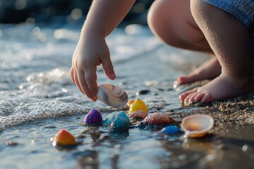 A beach with shallow waves and colorful sand toys. A toddler hands a shell to a crouching parent. The mood is gentle and peaceful