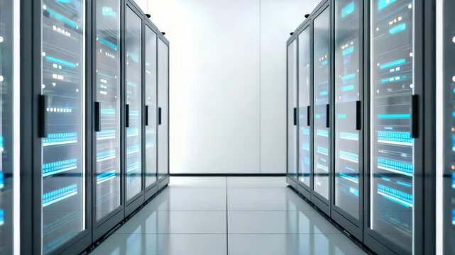 A modern data center corridor lined with servers, showcasing advanced technology and blue LED lights for efficient data processing and storage.