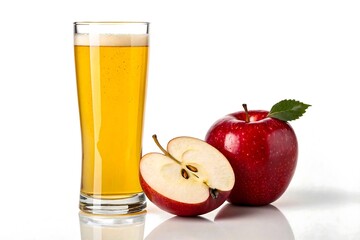 Fototapeta premium Fresh apple juice in tall glass with whole and sliced red apples on white background 