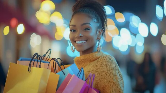 Shopping Spree: A radiant young woman, exudes pure joy, armfuls of shopping bags signaling a day of retail therapy in a vibrant city setting. The image captures the essence of retail therapy.