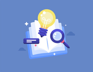 digital library concept. search for reference books, journals, sources of information and inspiration. literature, education and knowledge. world book day. flat style concept illustration